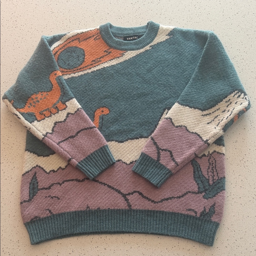 Men's Dinosaur Crewneck Sweater - Teal and Pink